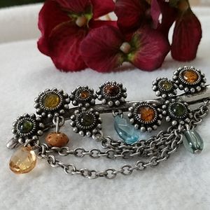 Vintage Brooch Dangling Chains Silvertone Multicolored Sunflowers Beads Stones